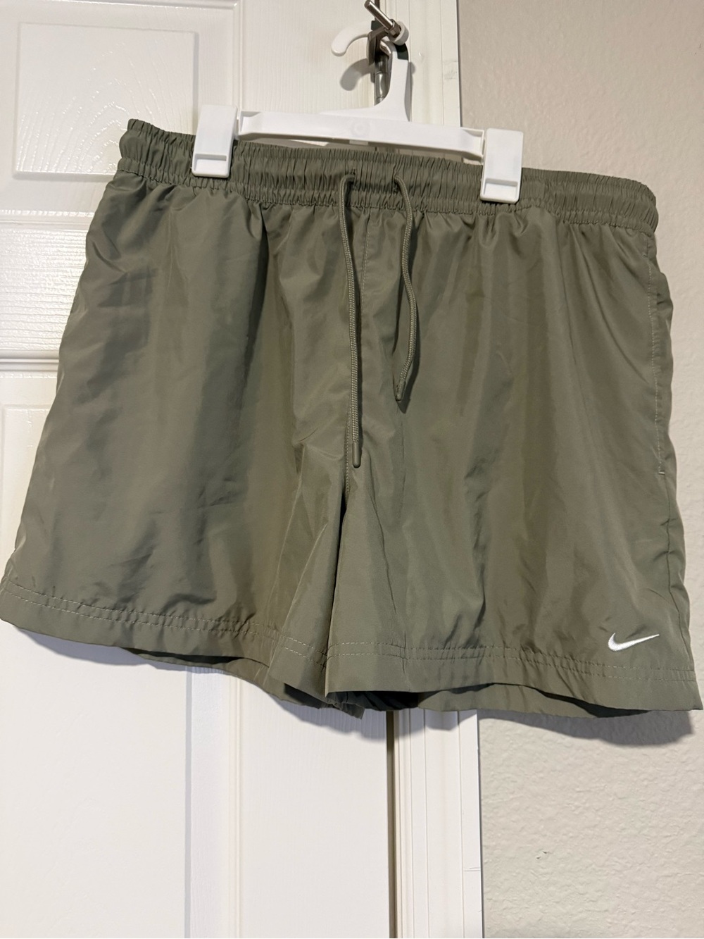 Nike Olive Drawstring Athletic Shorts with White Swoosh